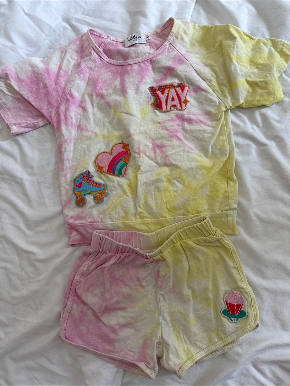 Lola + The Boys Pink & Yellow Tie-Dye Kids Matching Set with Patch Details